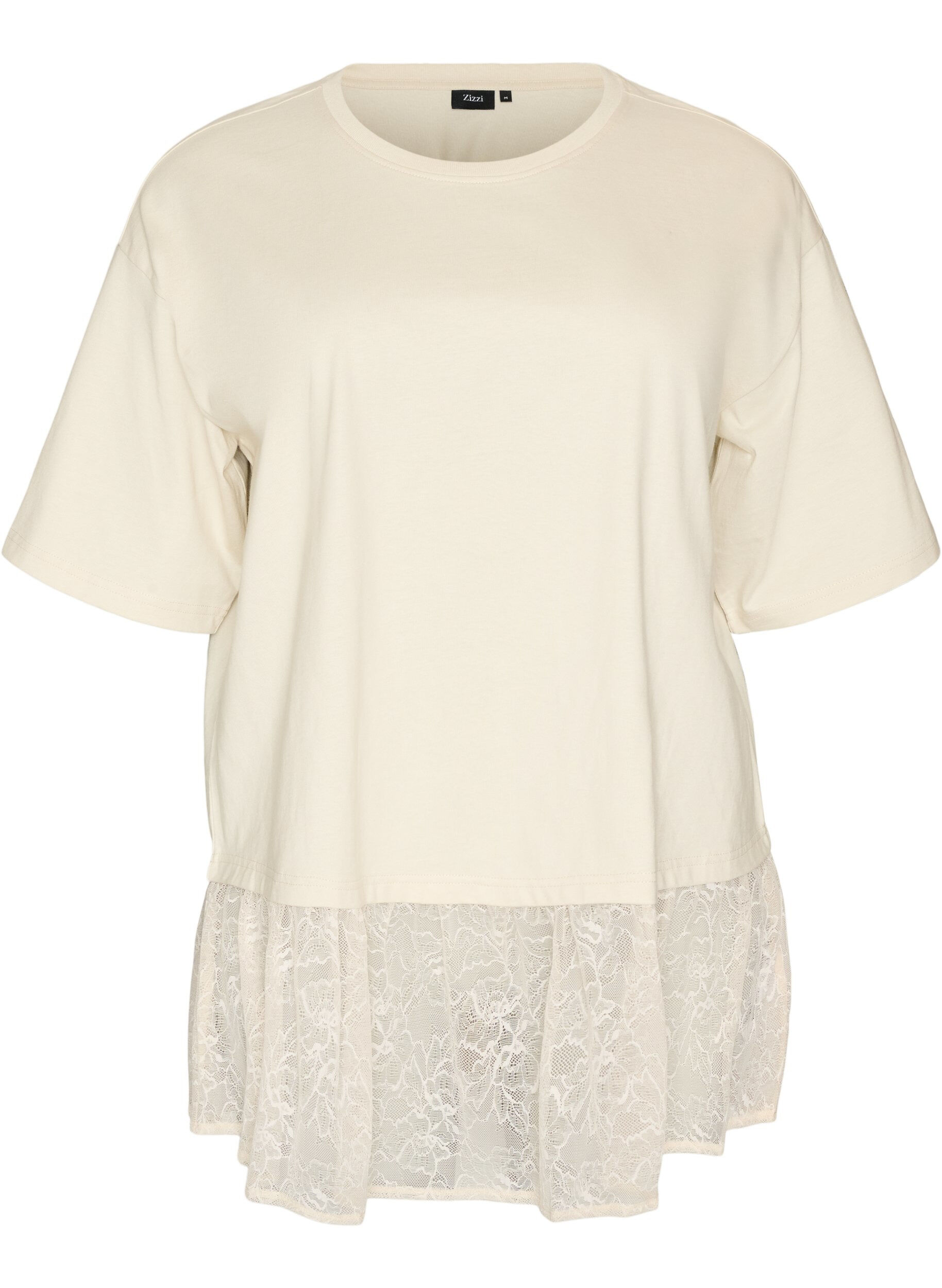 ZizziL&oslash;s t-shirt med bred blondekant, Beige, Packshot image number 0