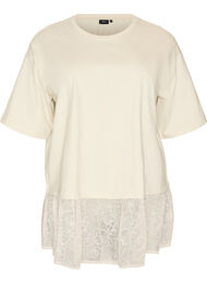 L&oslash;s t-shirt med bred blondekant, Beige