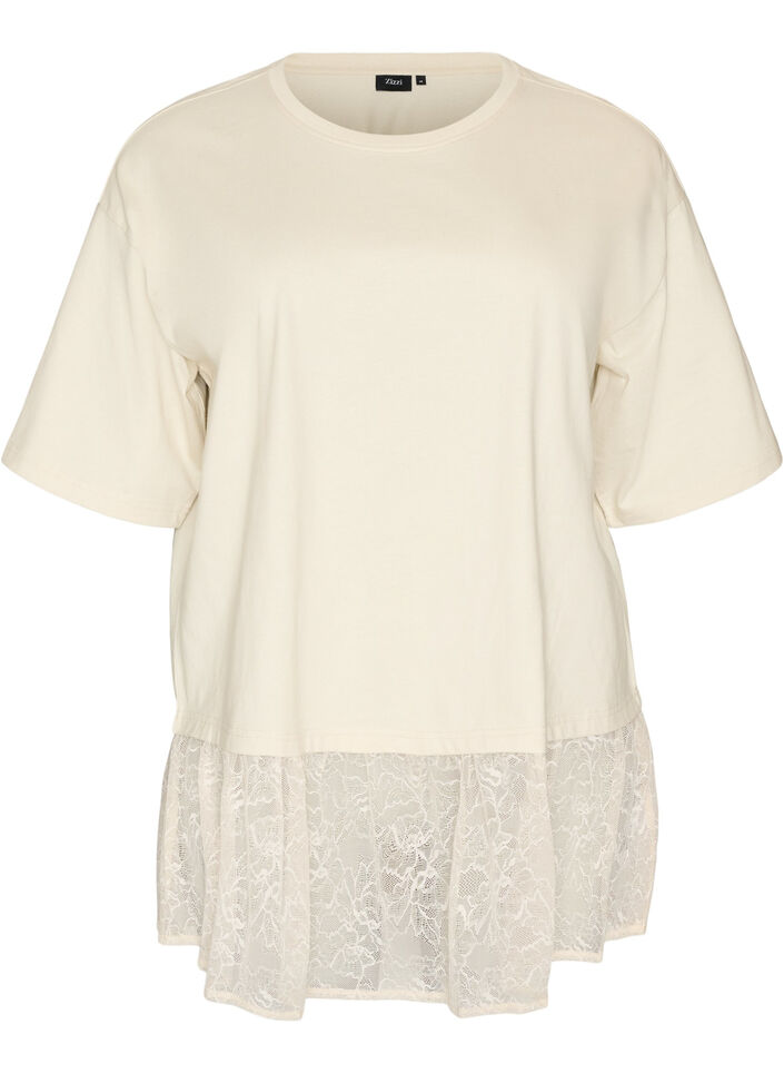 L&oslash;s t-shirt med bred blondekant, Beige, Packshot image number 0