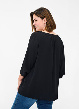 Langærmet bluse med v-udskæring og knapper, Black, Model image number 1