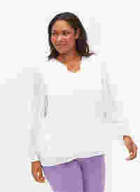 Bluse med lange ærmer og flæsedetaljer, Bright White, Model