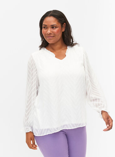 Bluse med lange ærmer og flæsedetaljer, Bright White, Model image number 0