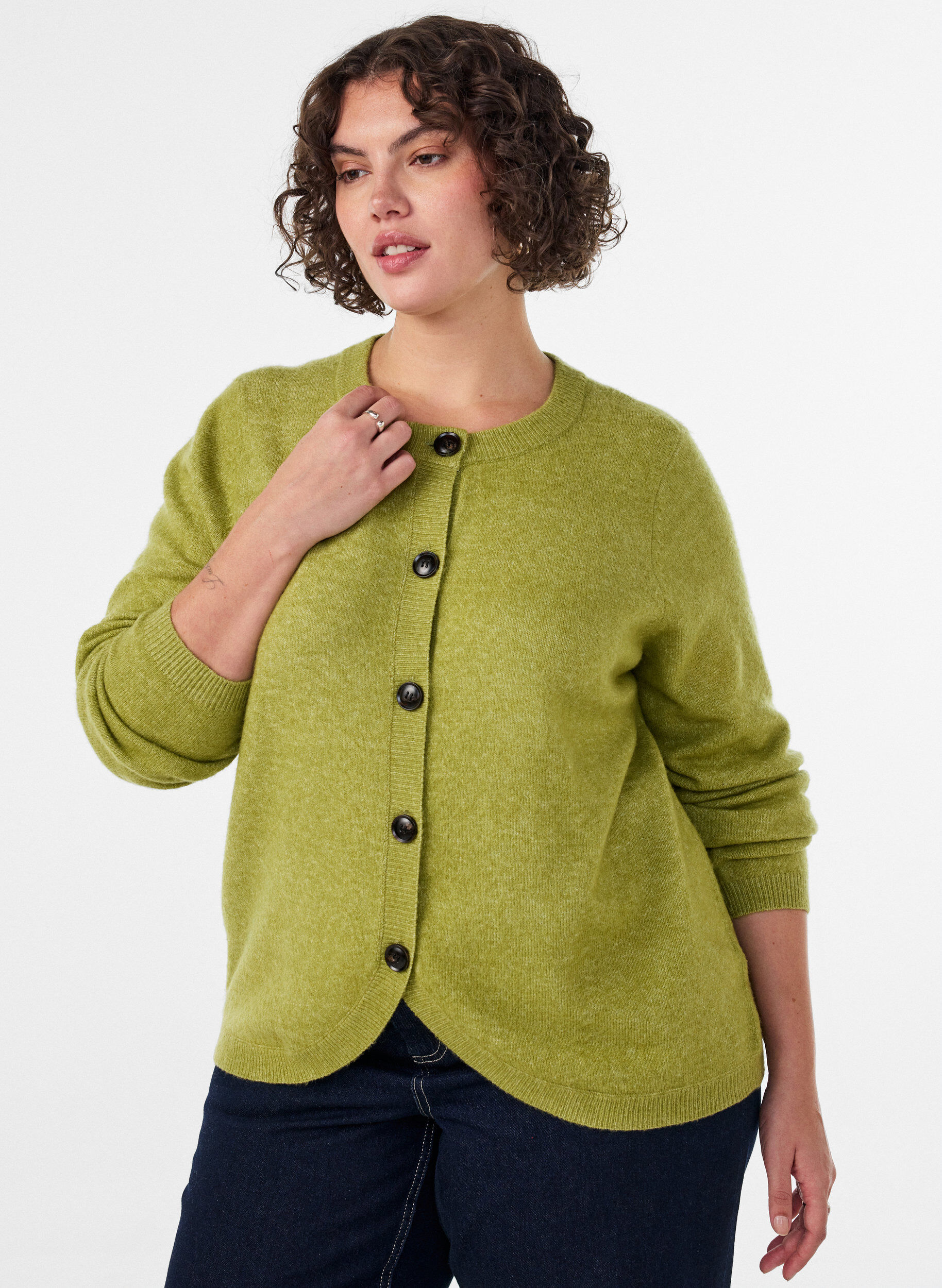 ZizziCardigan med knapper og afrundet front, Gr&oslash;n, Model image number 0