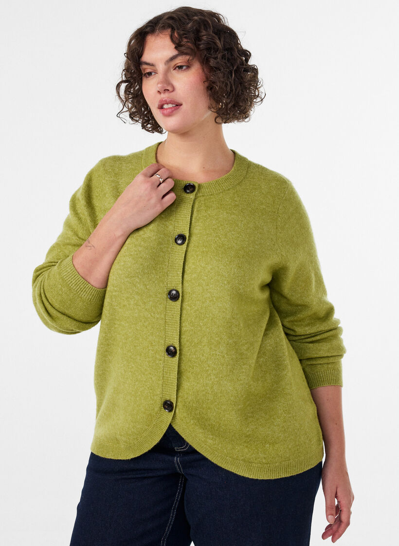 Cardigan med knapper og afrundet front, Gr&oslash;n, Model image number 0