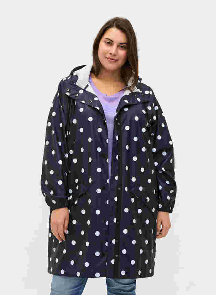 Mønstret regnjakke med hætte, Navy Blazer W/Dots, Model image number 0