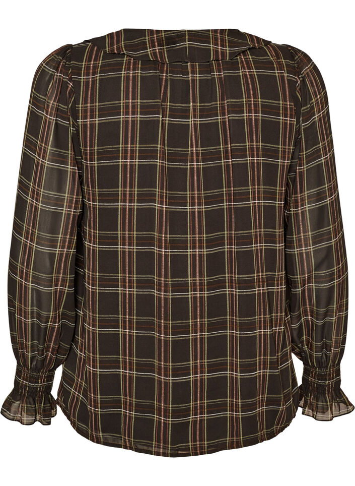 Bluse med tern og fl&aelig;sedetaljer, Gr&oslash;n, Packshot image number 1