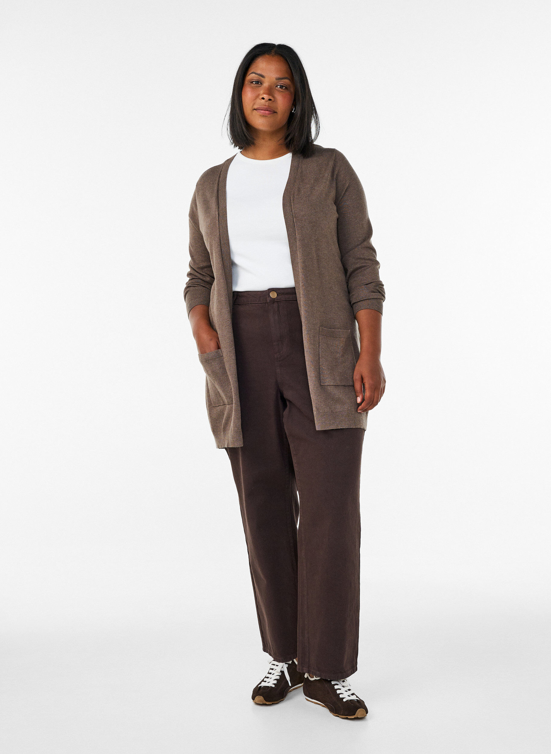 ZizziLang strikcardigan i viskosemix, Brun, Model image number 1