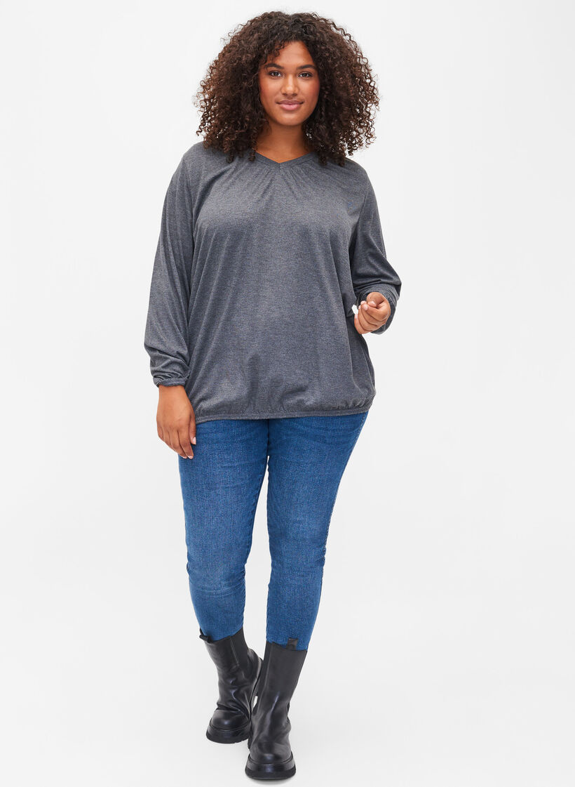 Meleret bluse med lange ærmer og v-hals, Dark Grey Melange, Model image number 2