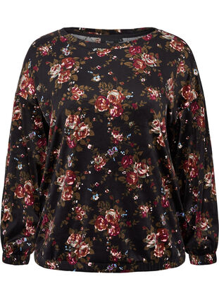 Blomstret velour bluse med lange ærmer, Flower AOP, Packshot image number 0
