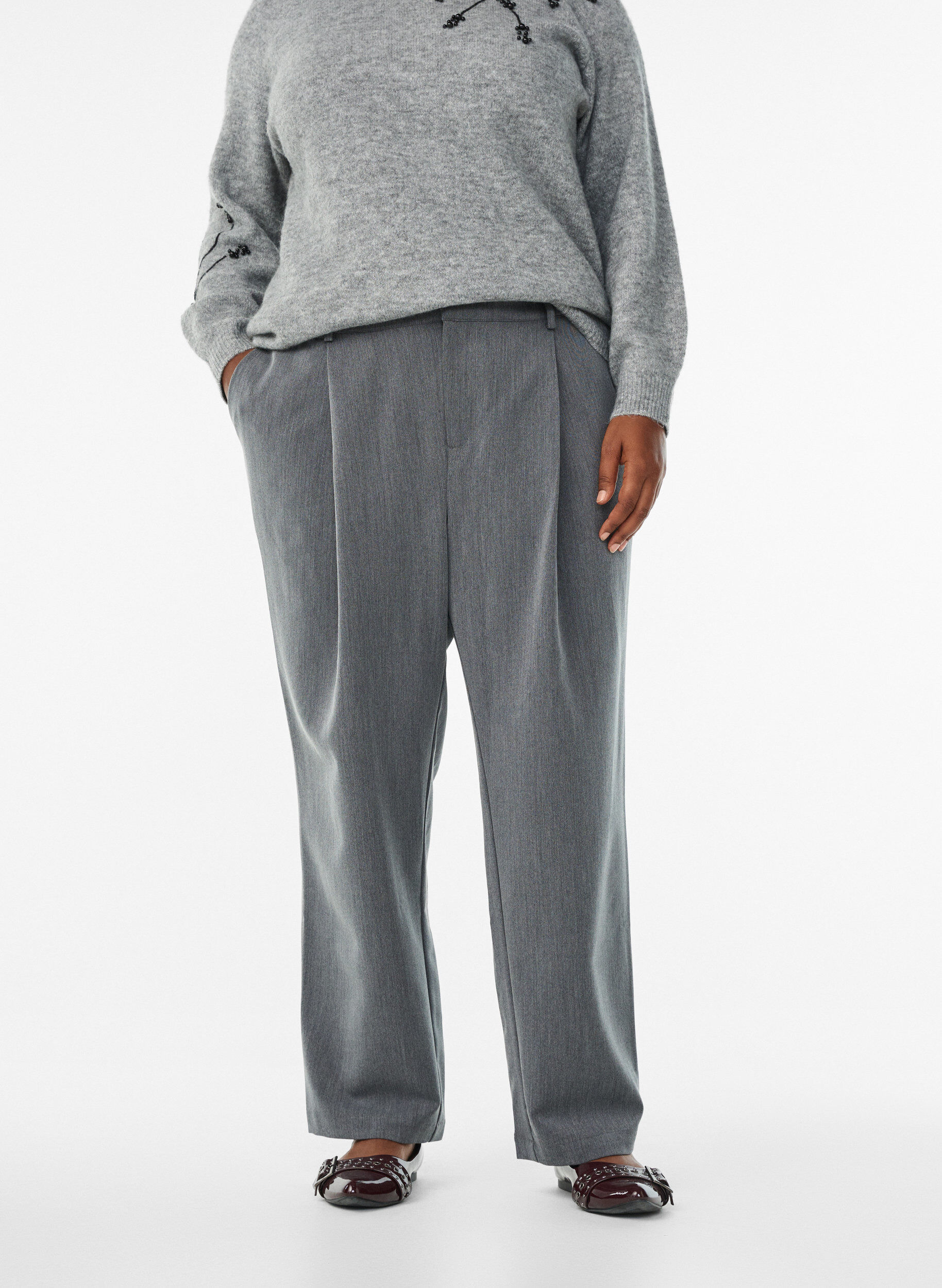 Zizzi Habitbukser med h&oslash;j talje og lige ben, Gr&aring;, Model image number 2