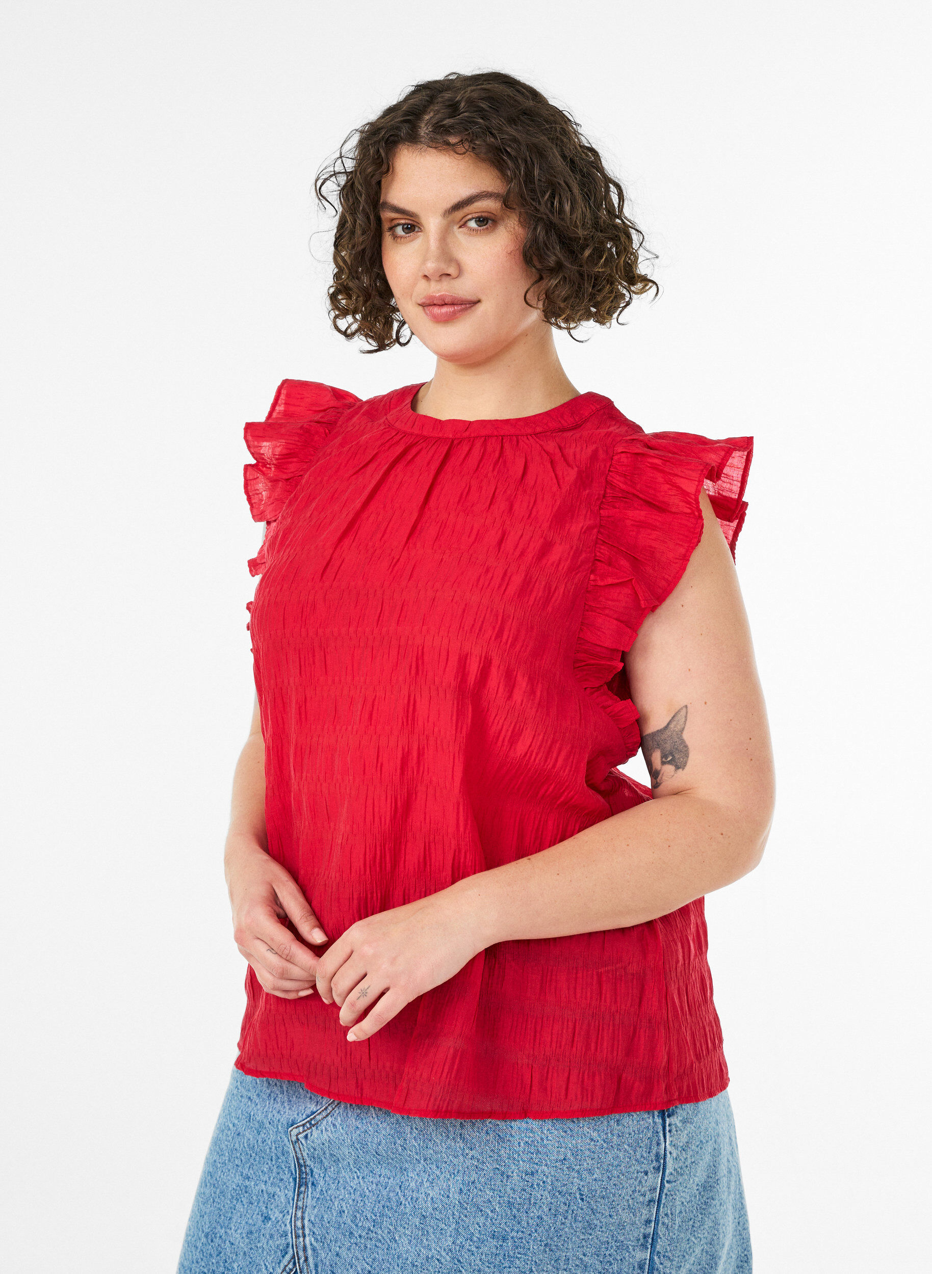 &AElig;rmel&oslash;s bluse med struktur og fl&aelig;ser, R&oslash;d, Model