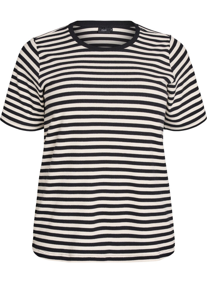 Stribet t-shirt med ribstruktur, Sort, Packshot image number 0