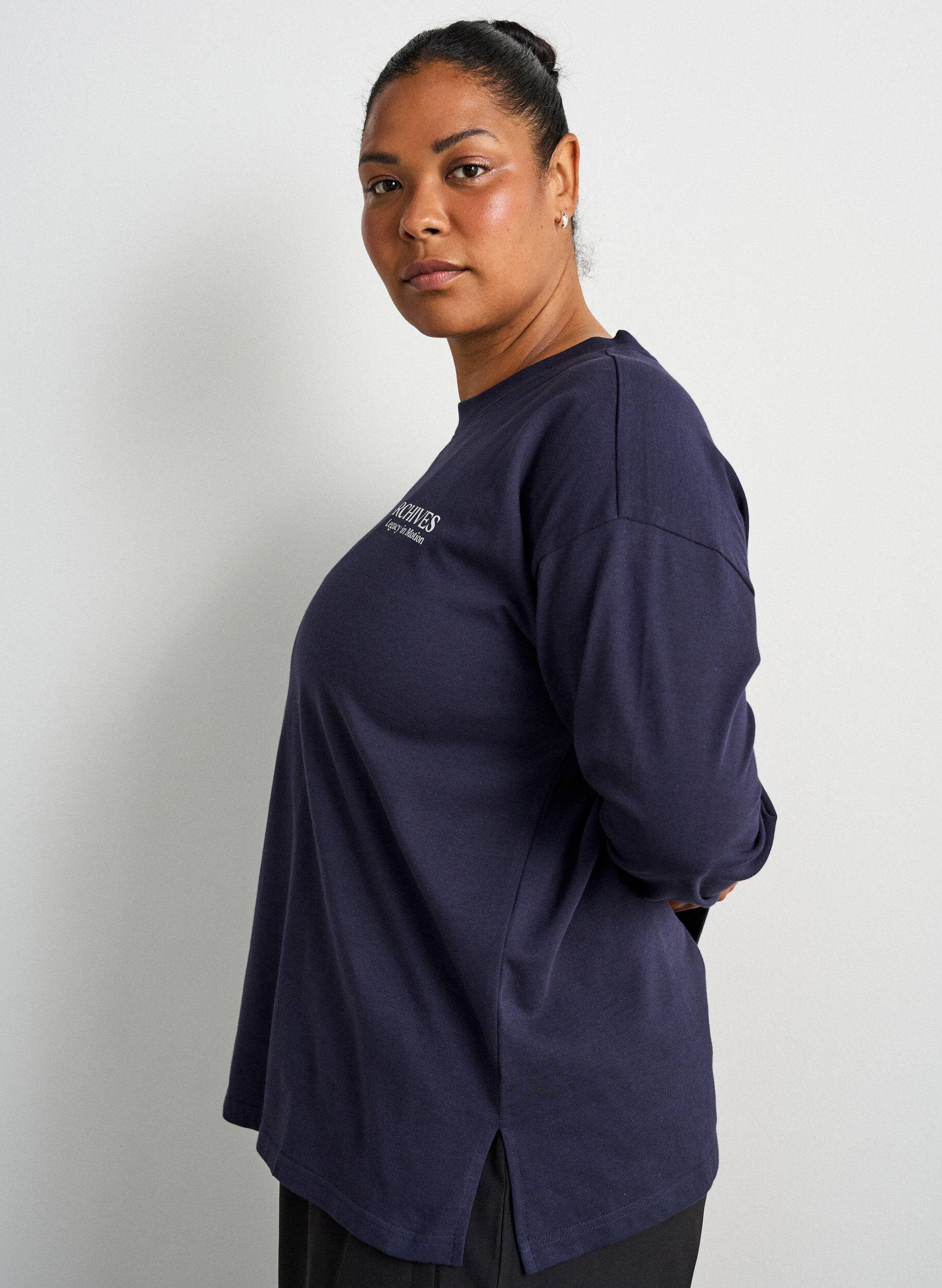 ZizziLang&aelig;rmet jerseybluse med tekstprint, Bl&aring;, Model image number 3