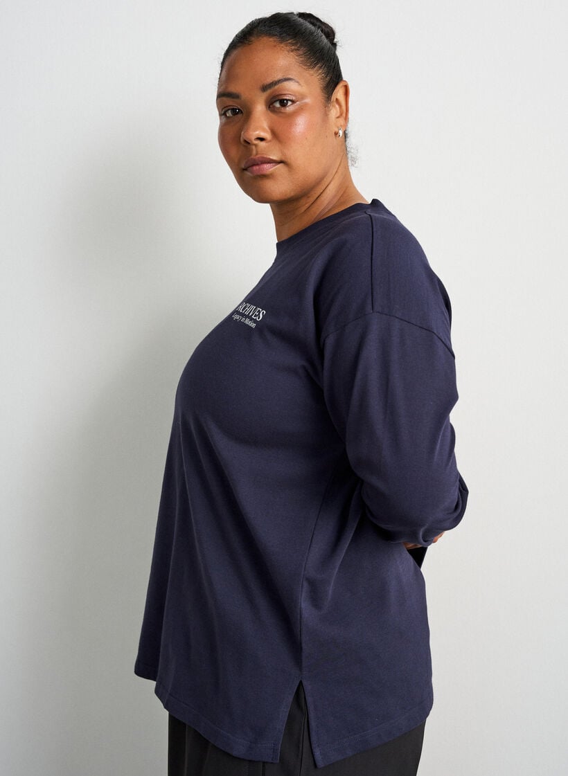 Lang&aelig;rmet jerseybluse med tekstprint, Bl&aring;, Model image number 3