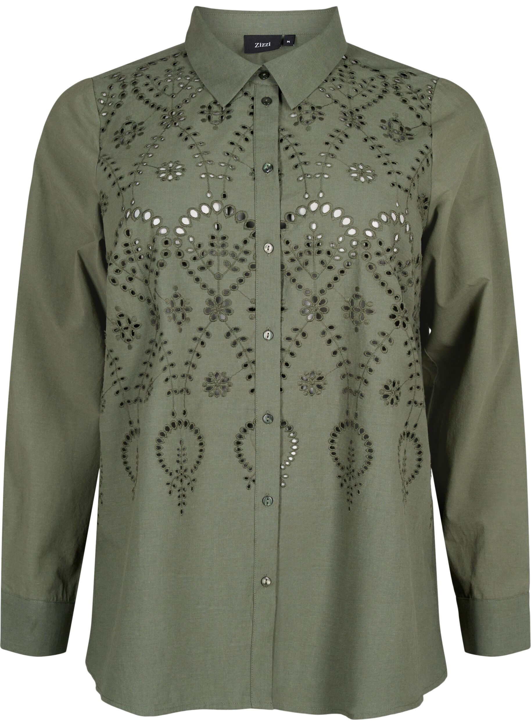 Zizzi Skjorte i bomuld med broderi anglaise, Thyme, Packshot image number 0