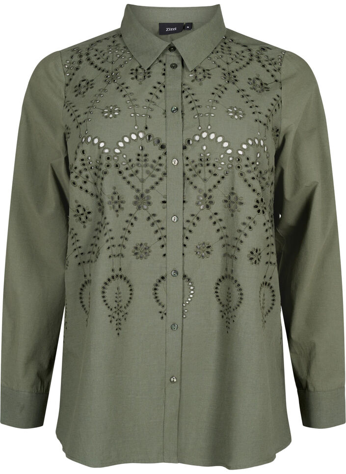 Skjorte i bomuld med broderi anglaise, Thyme, Packshot image number 0