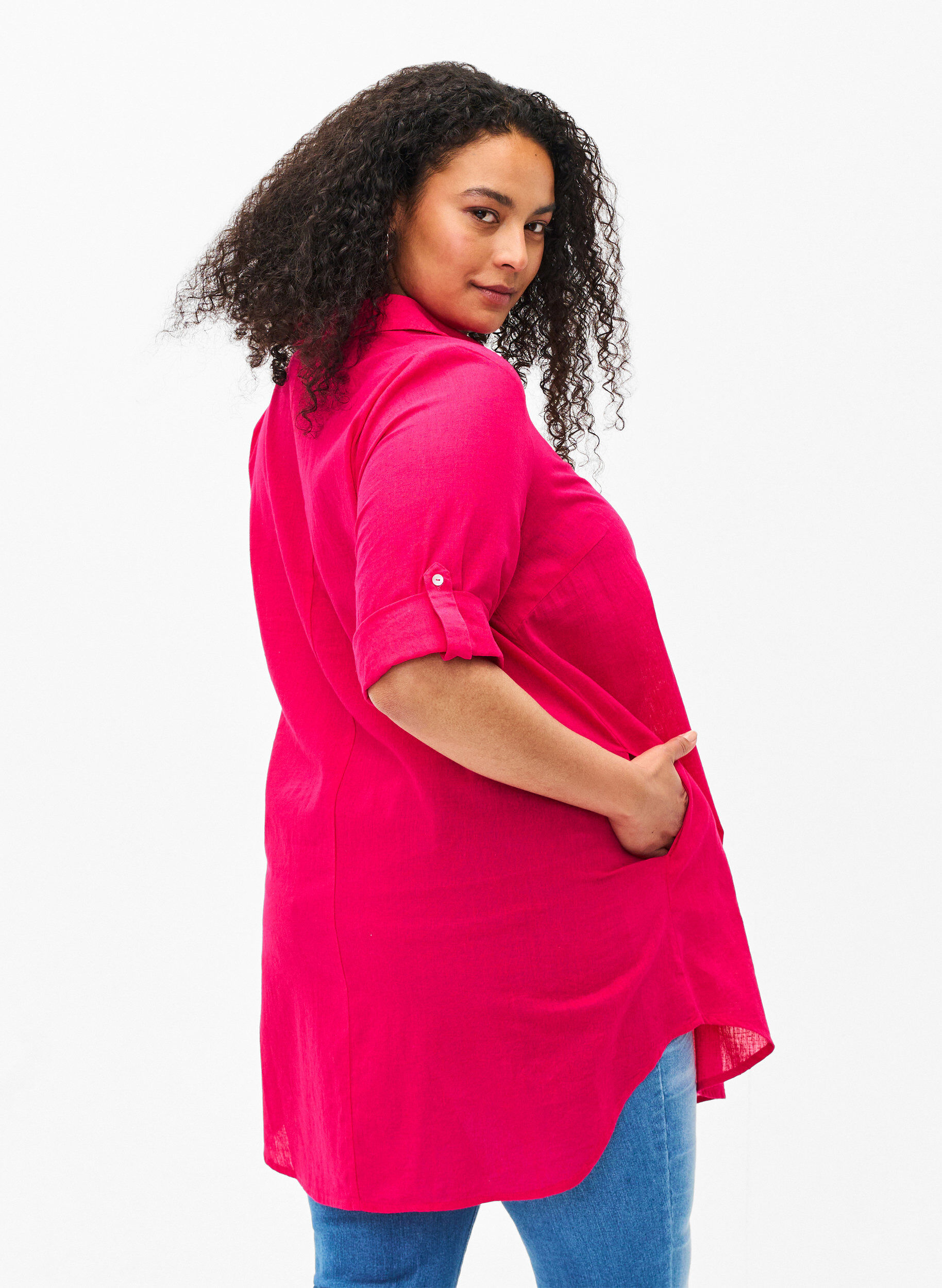 Zizzi Kort&aelig;rmet tunika i bomuldsmix med h&oslash;r, Bright Rose, Model image number 1