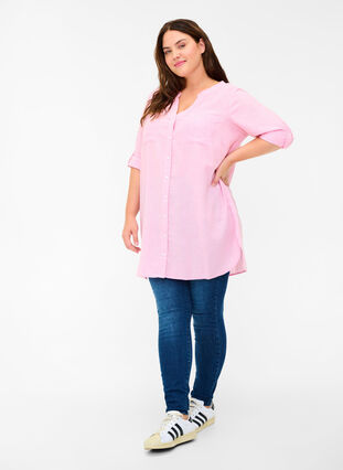 Lang skjorte med v-hals og brystlommer, Cameo Pink, Model image number 2