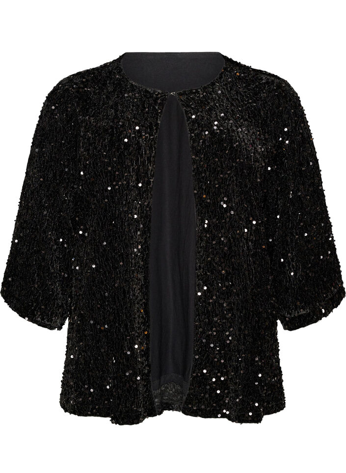 Cardigan med pailletter og 3/4-&aelig;rmer, Sort, Packshot image number 0