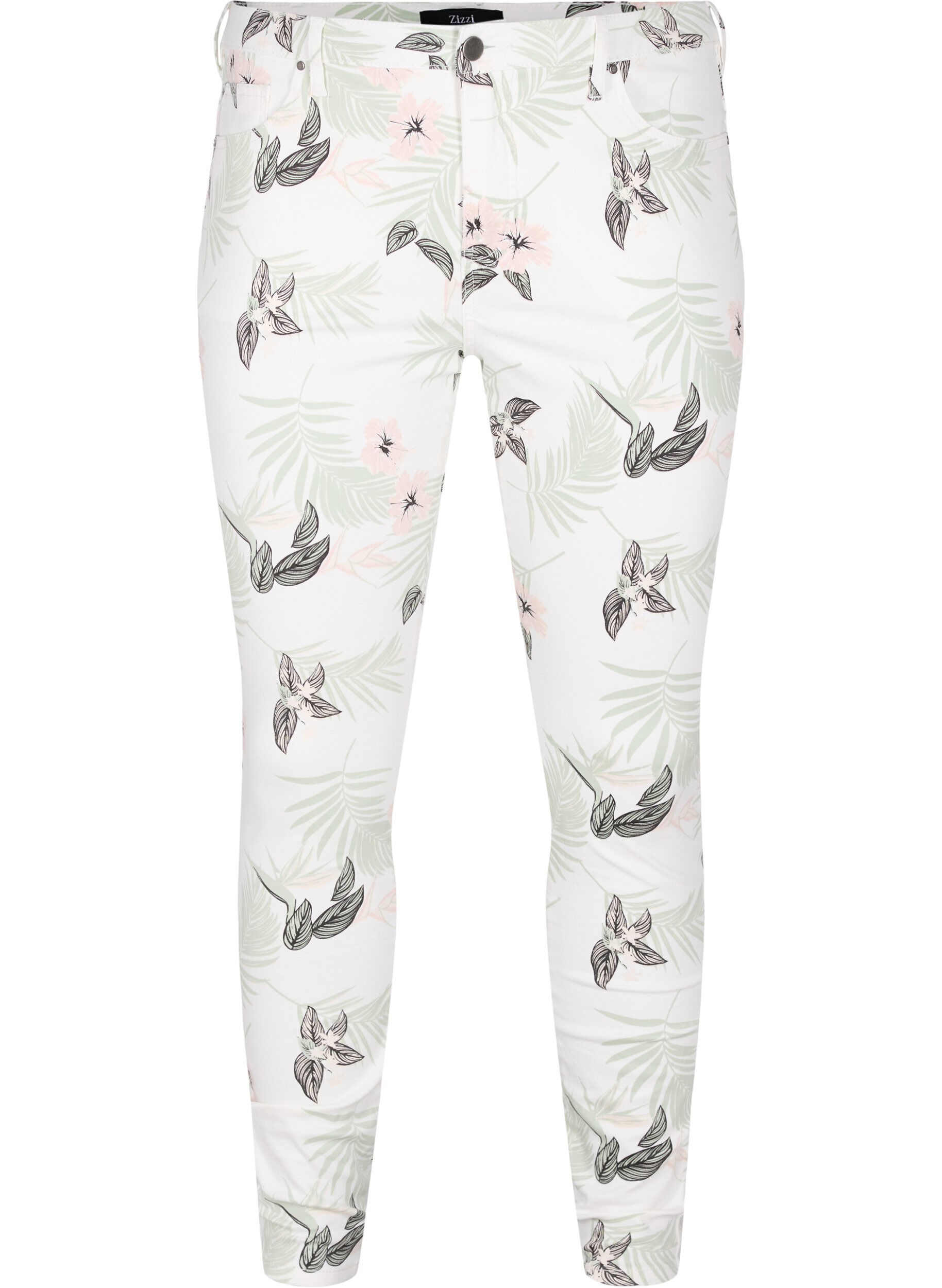 Zizzi H&oslash;jtaljede Amy jeans med blomsterprint, White Flower AOP L78, Packshot image number 0