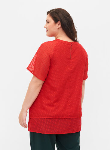 Bluse med 2/4 ærmer i mønstret chiffon, Tango Red, Model image number 1
