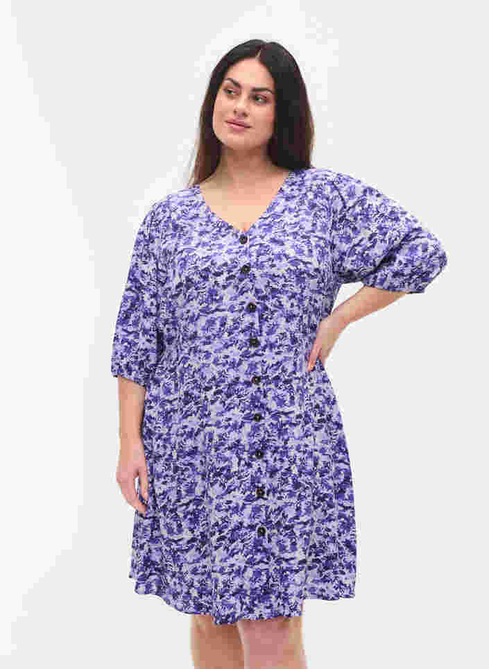 Kjole med knapper og 3/4 ærmer, Purple AOP, Model image number 0
