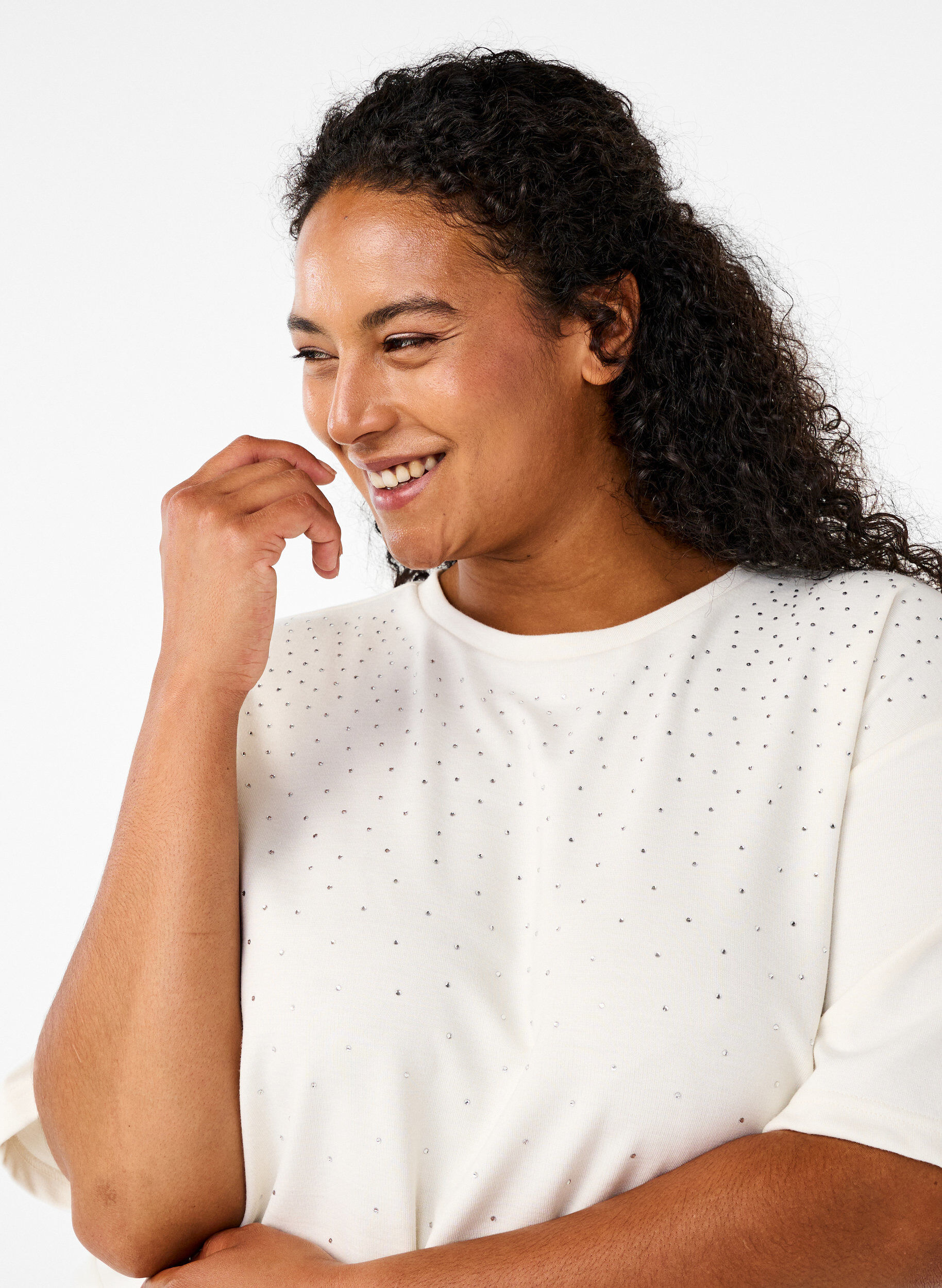 Zizzi T-shirt med rhinsten og rund hals, Hvid, Model image number 3