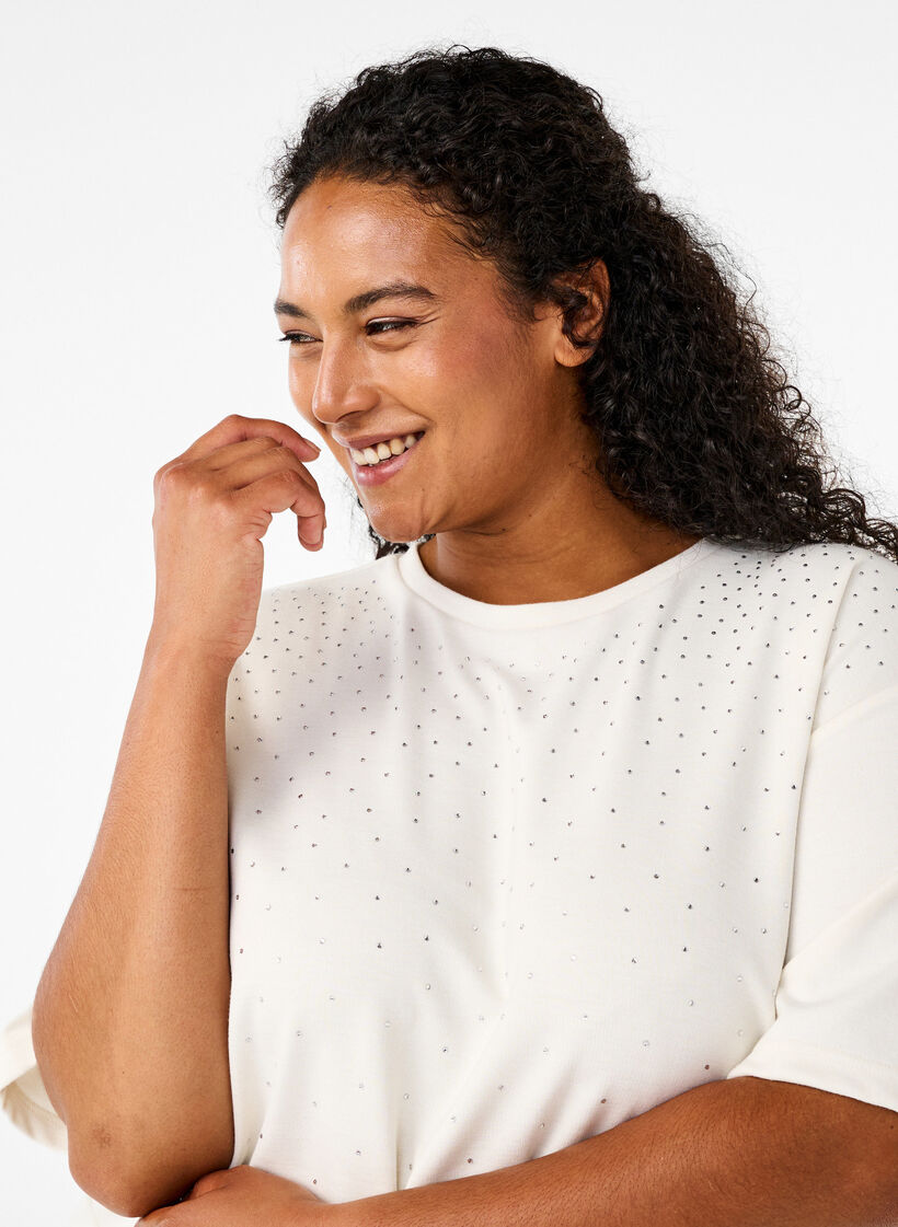 T-shirt med rhinsten og rund hals, Hvid, Model image number 3