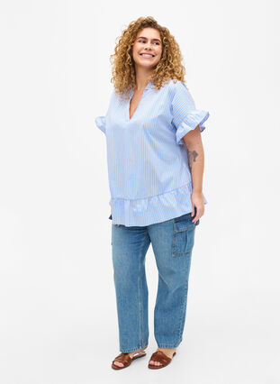 Stribet bluse med peplum og flæsedetaljer, Blue Stripe, Model image number 2