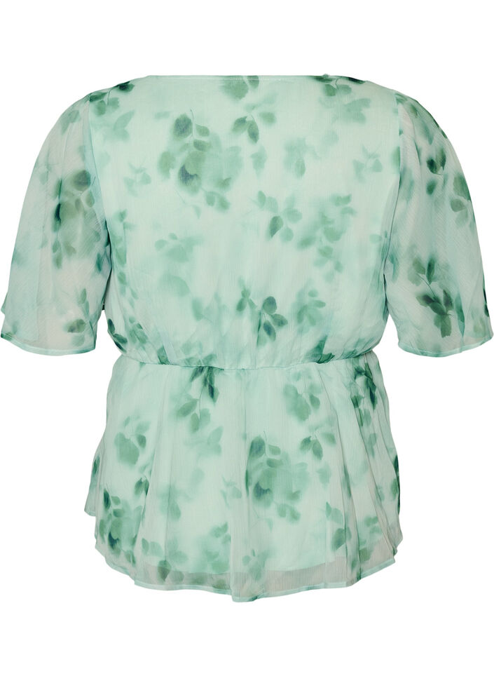 Blomstret chiffonbluse med korte &aelig;rmer, Gr&oslash;n, Packshot image number 1
