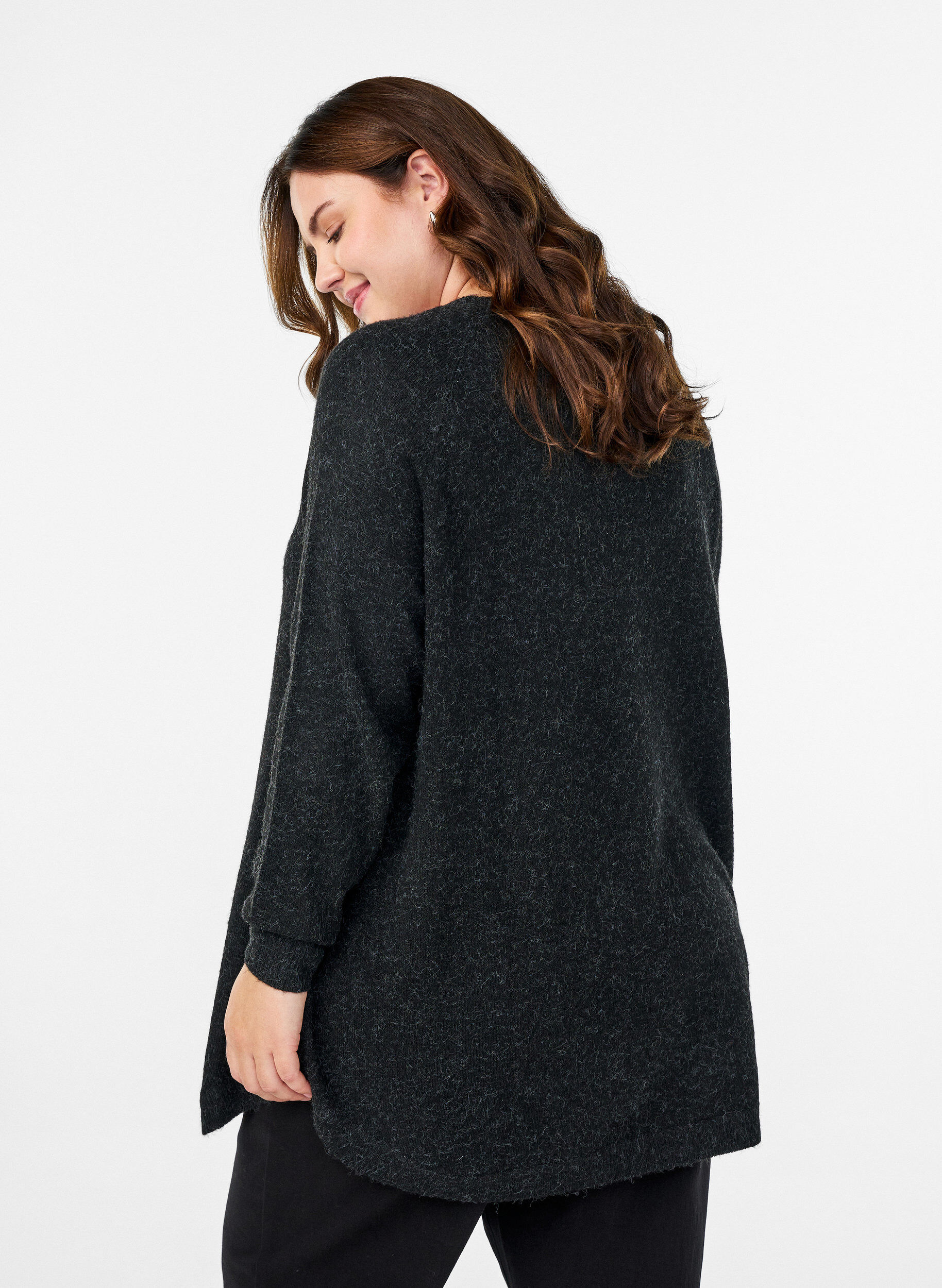 Zizzi Lang strikbluse med kugleknapper, Gr&aring;, Model image number 2