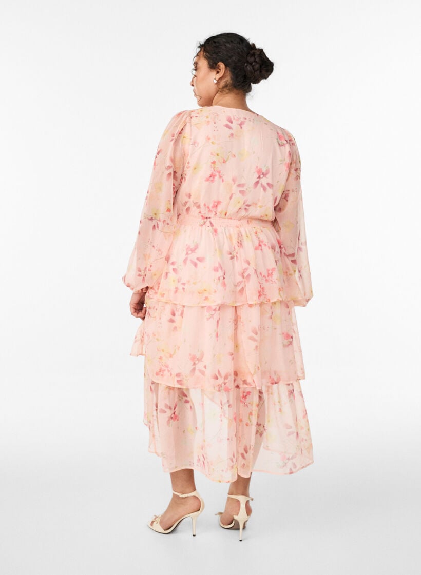 Blomstret midikjole i chiffon med smocktalje, Orange, Model image number 1