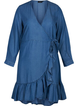 Kort wrap kjole i lyocell, Mid blue denim, Packshot image number 0