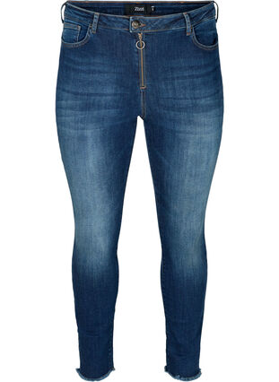 Cropped Nille jeans med rå kanter, Blue denim, Packshot image number 0