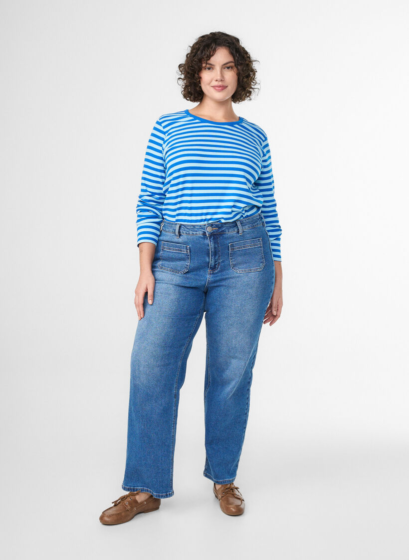 Stribet bluse med lange &aelig;rmer, Bl&aring;, Model image number 1