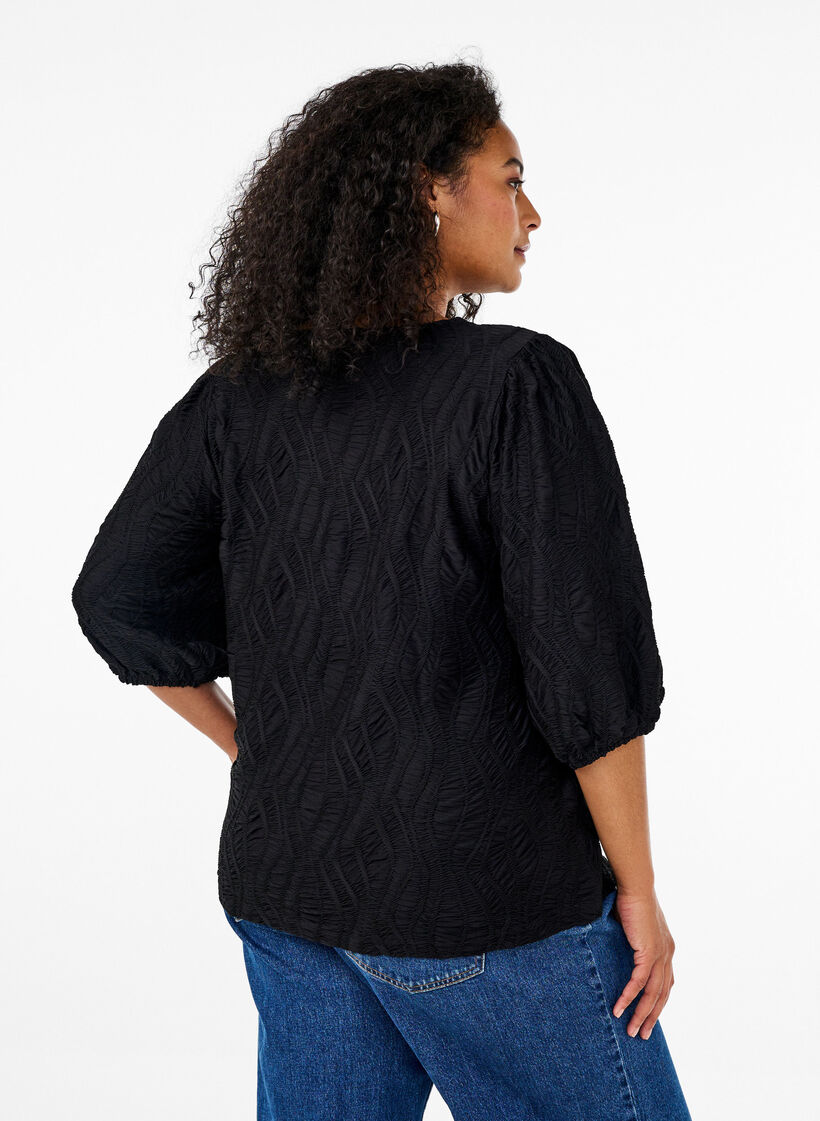 Bluse med tekstur og 3/4 &aelig;rmer, Sort, Model image number 2