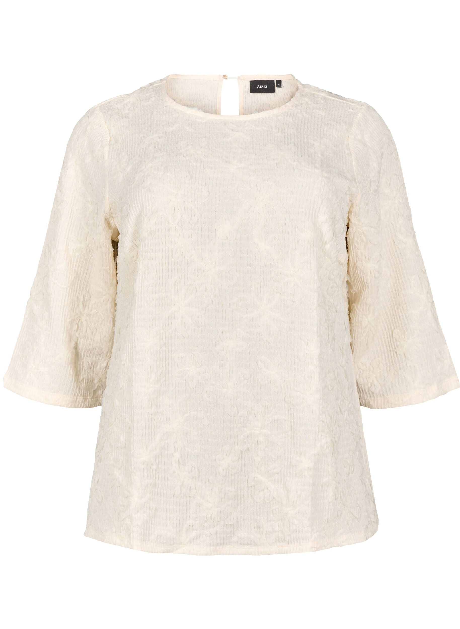 Zizzi Bluse med 3/4 &aelig;rmer og 3D blomster, Warm Off-white, Packshot image number 0