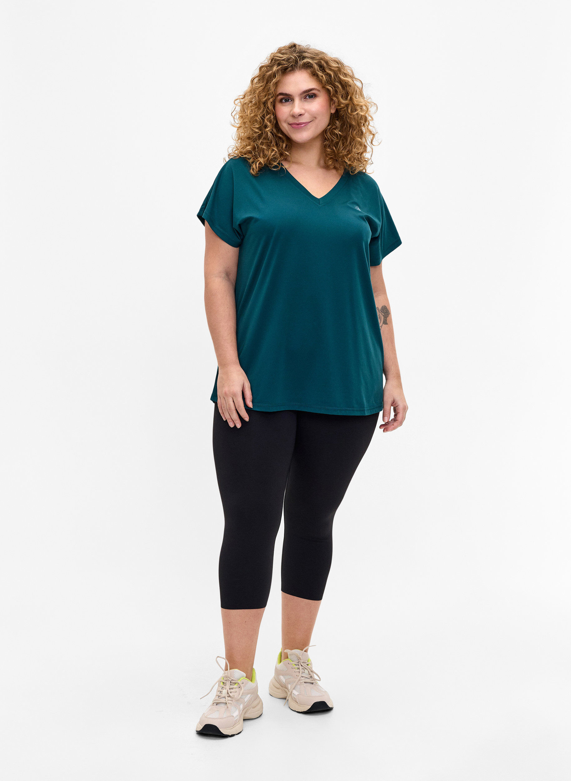 Zizzi L&oslash;s tr&aelig;nings t-shirt med v-hals, Deep Teal, Model image number 2