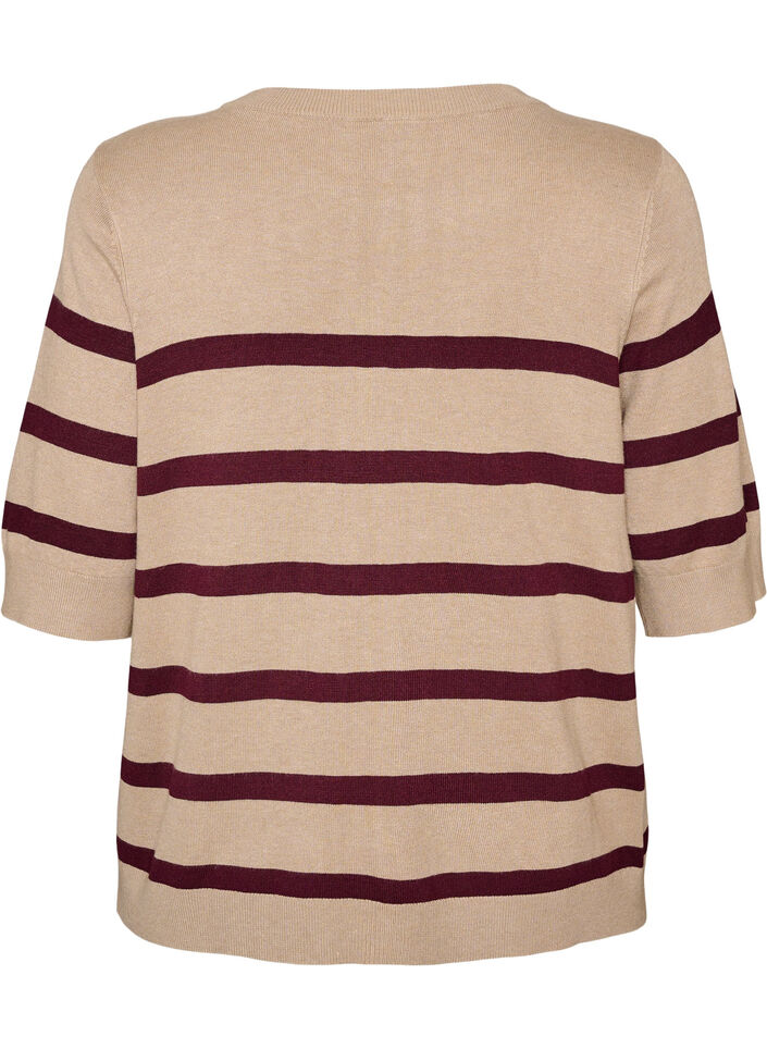Stribet strikbluse med korte &aelig;rmer, Beige, Packshot image number 1