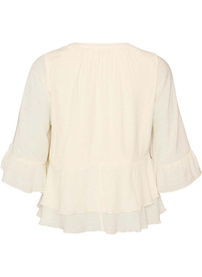 Bluse med 3/4-&aelig;rmer og fl&aelig;sedetaljer, Vanilla, Packshot image number 1