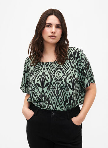 FLASH - Bluse med korte ærmer og print, Green Bay Ehnic, Model image number 0
