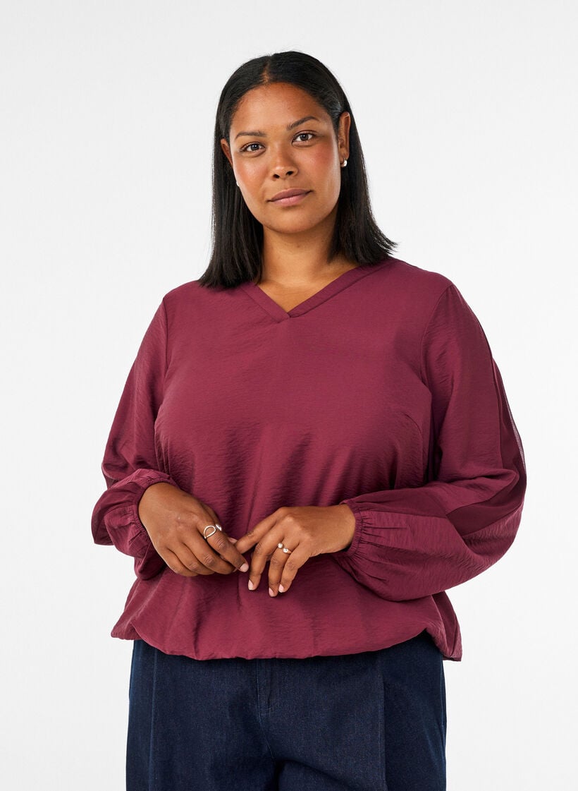 Bluse med balloneffekt og chiffondetaljer, R&oslash;d, Model image number 0