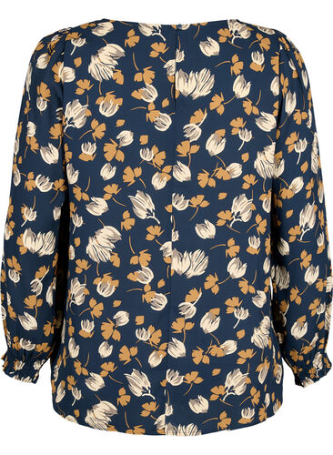 FLASH - Langærmet bluse med smock og print, Navy Brown Flower, Packshot image number 1