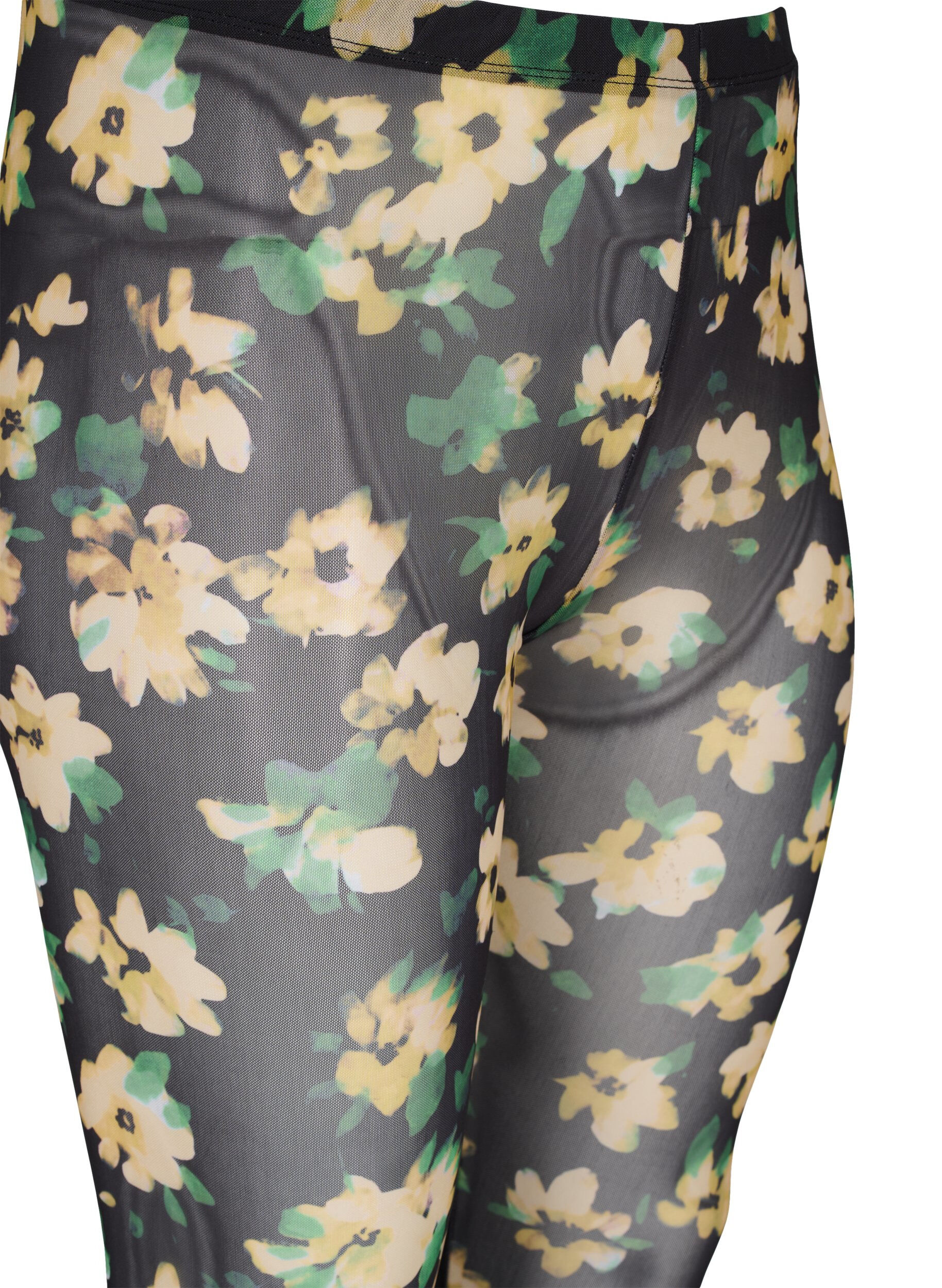 Zizzi Mesh leggings med blomsterprint, Yellow Green AOP, Packshot image number 2