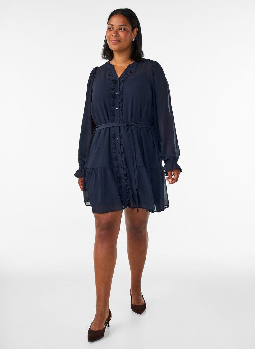 Kort kjole med fl&aelig;sedetaljer og bindeb&aring;nd, Bl&aring;, Model image number 1