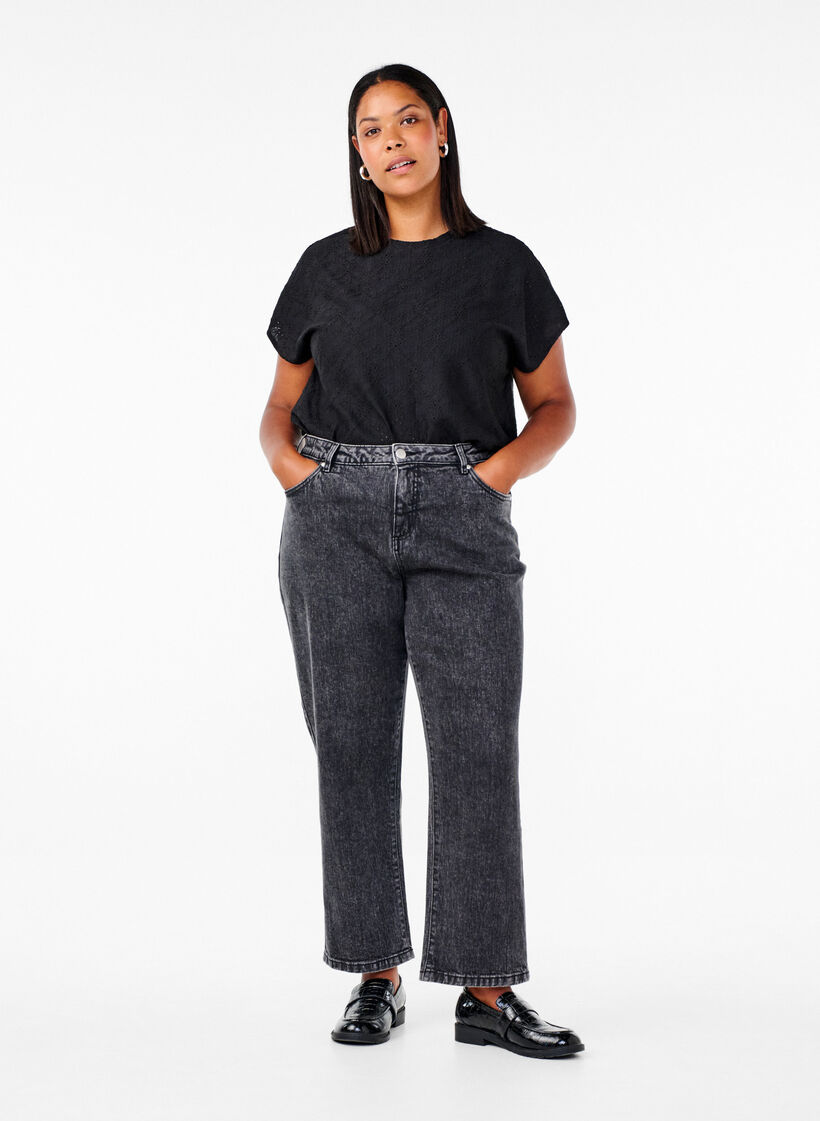 Bluse med korte ærmer og blomsterbroderi, Black, Model image number 2