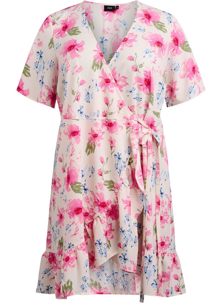 Blomstret wrapkjole med korte ærmer, Hvid, Packshot image number 0