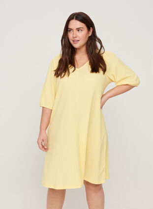 Kjole med pufærmer og v-hals, Mellow Yellow, Model image number 0