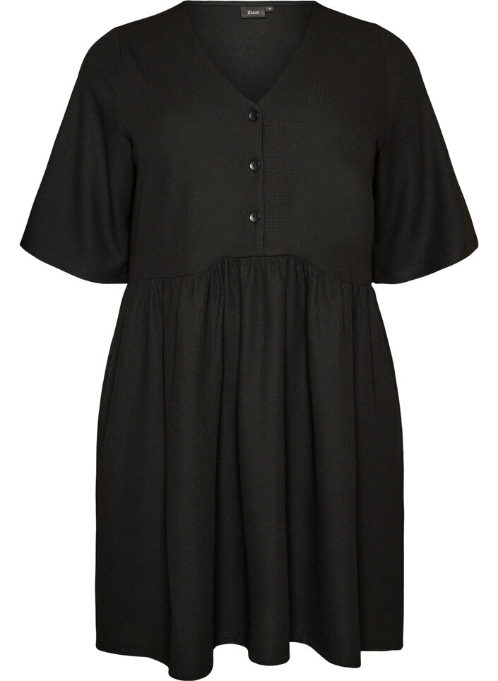 Kjole med ribbet struktur og empire sk&aelig;ring, Sort, Packshot image number 0