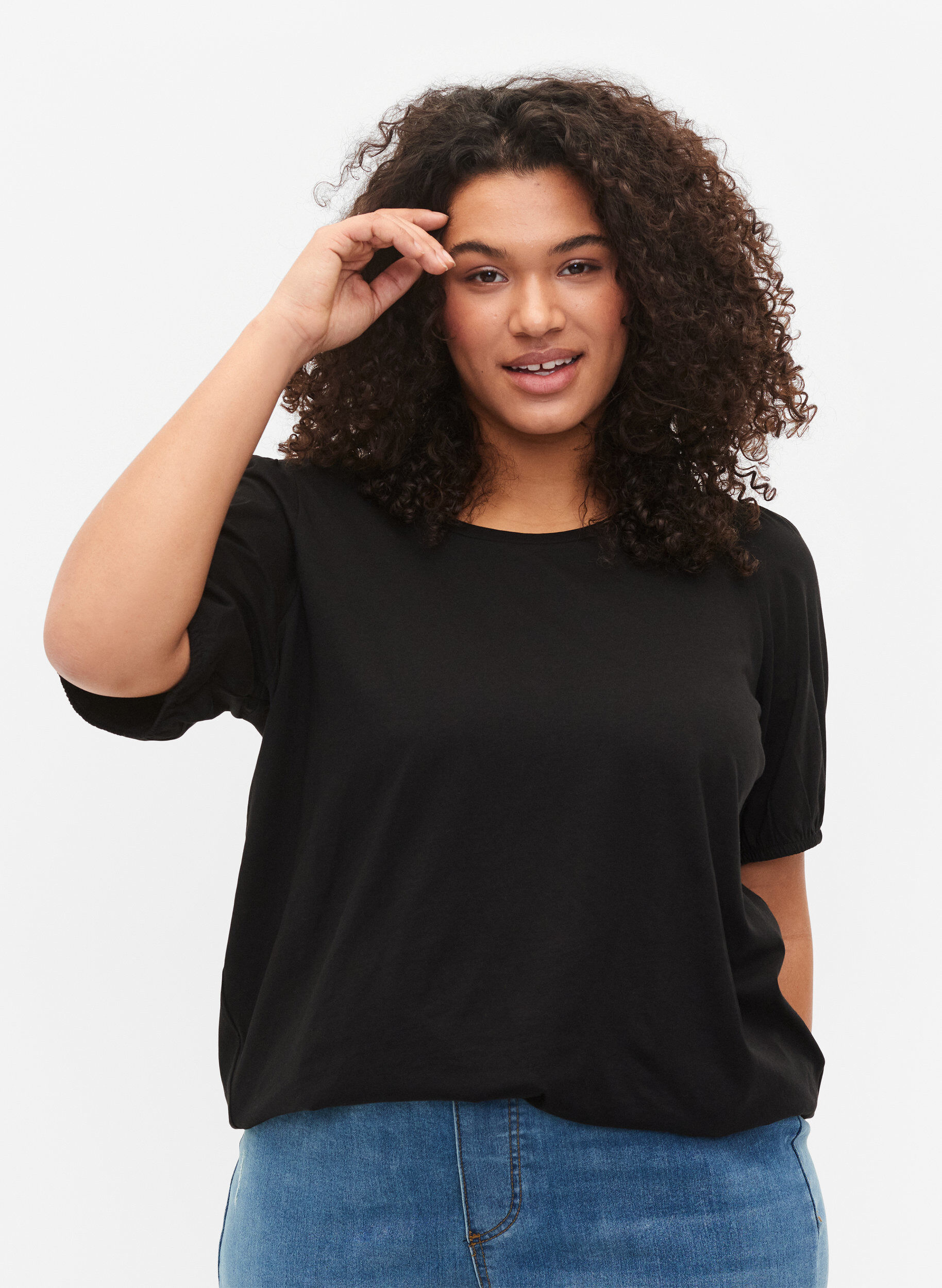 Zizzi Bomulds t-shirt med 2/4 &aelig;rmer, Black, Model image number 0